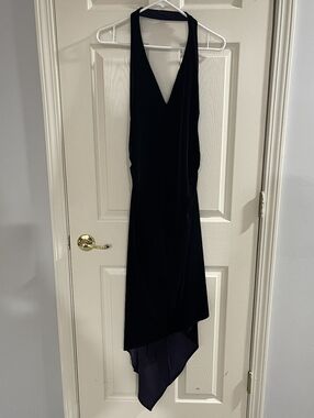 David Meister Midnight Purple Velour Halter V Neck High Low Flowy Dress Size 12